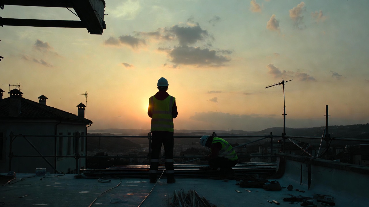 Operai al lavoro su un tetto al tramonto